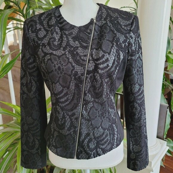 Miss Selfridge Tops - Miss Selfridge Black Lace & Metallic Gunmetal Moto Jacket Size 8 Lightweight